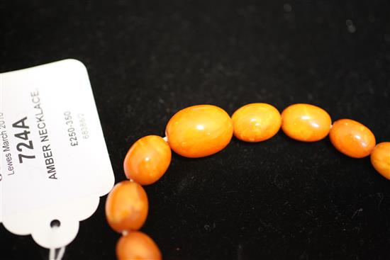 A single strand graduated oval amber bead necklace, 20.5in.
